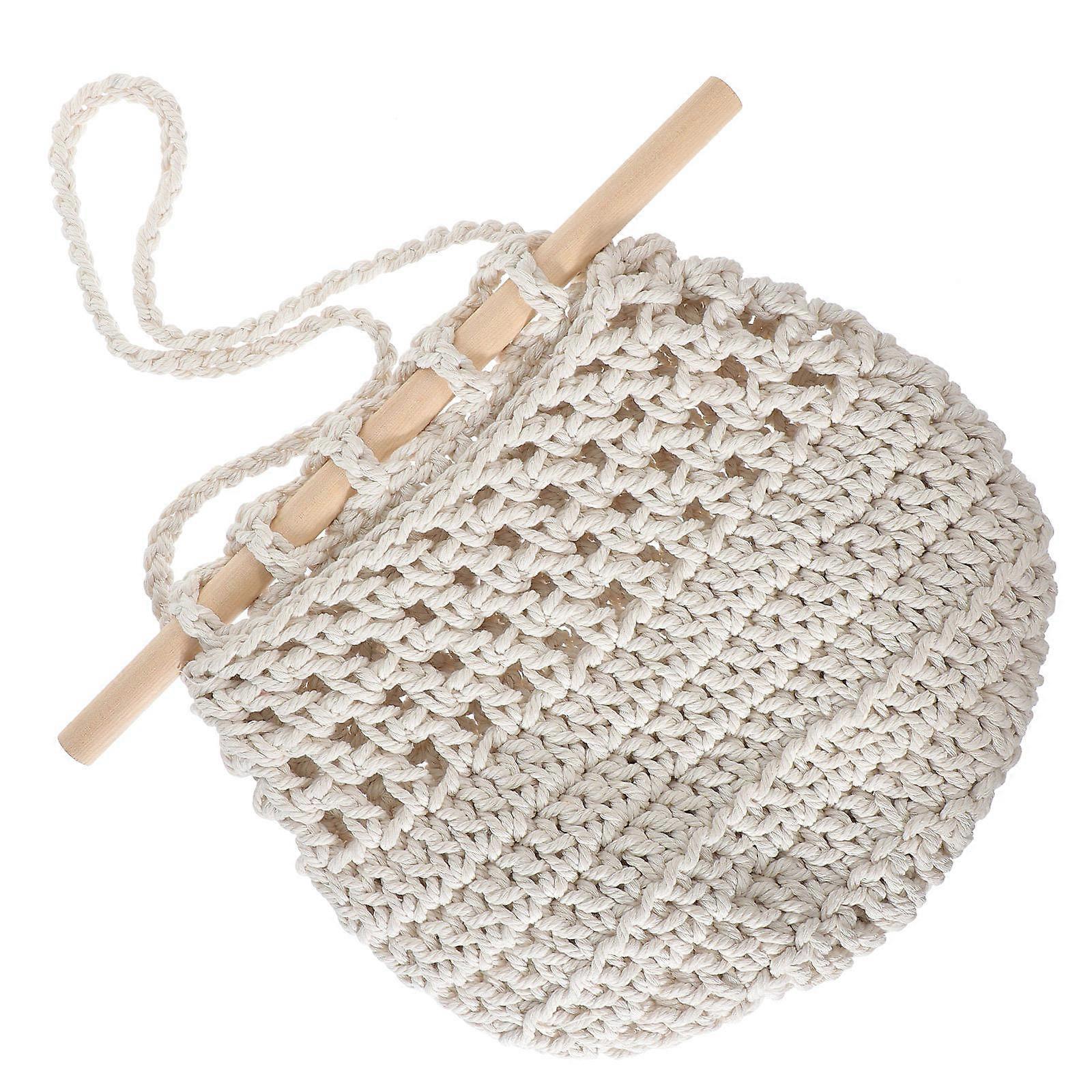 Hanging Fruit Basket Made of Cotton Rope and Wood for Home Use Beige Boho Style 1 Piece
