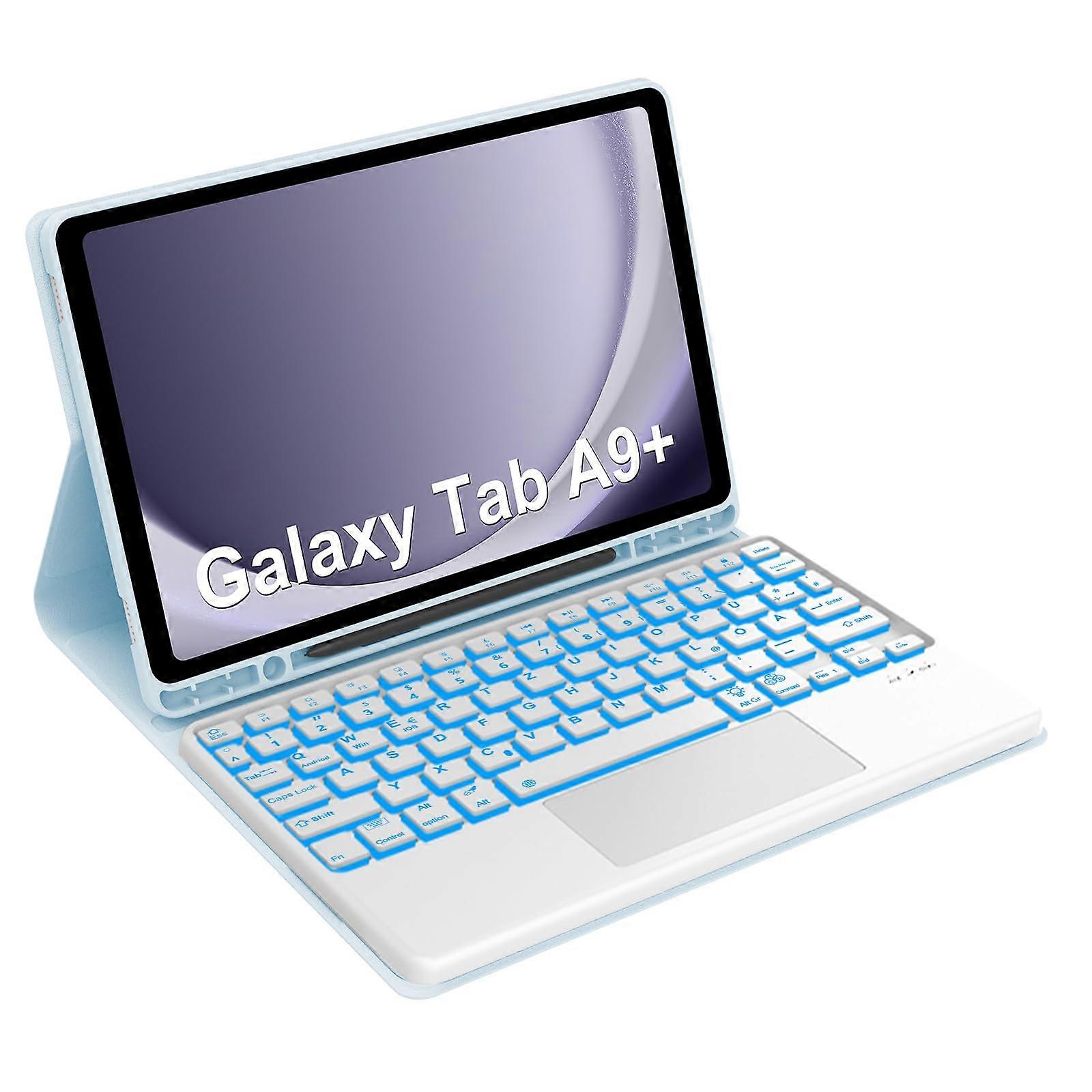 Keyboard for Samsung A9 Plus 11 Inch, Bluetooth Case with Removable Magnetic QWERTZ Keyboard, Trackpad, Backlight, Sky Blue