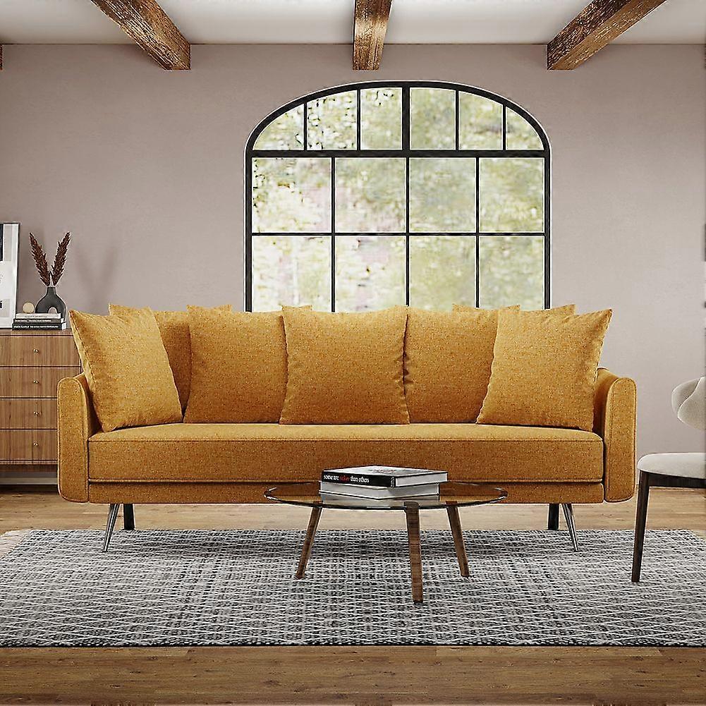 Fabric 3 Seater Sofa Settee with 7 Pillows - Yellow