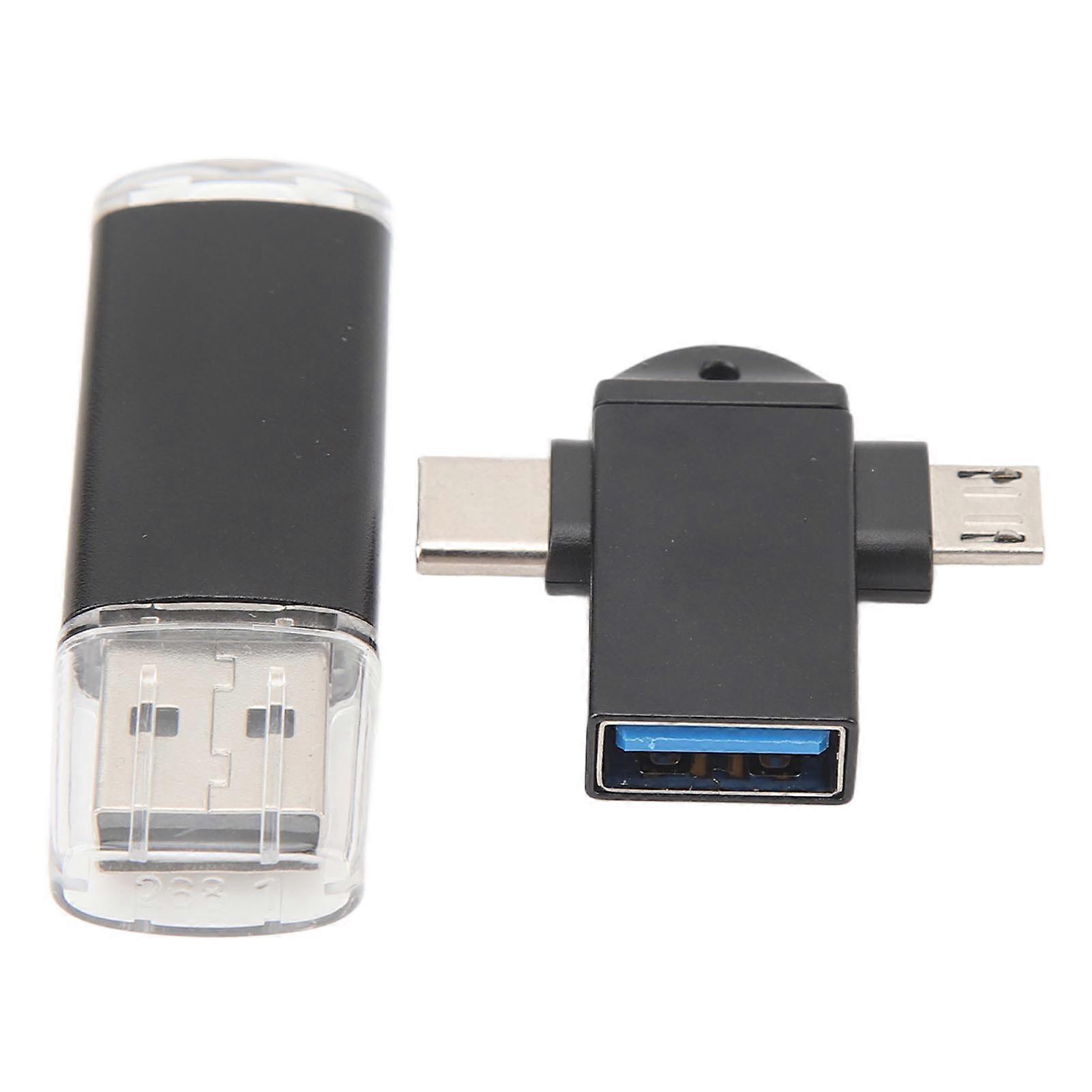 64GB Compact Black USB 2.0 Flash Drive with Type C & Micro USB Adapter