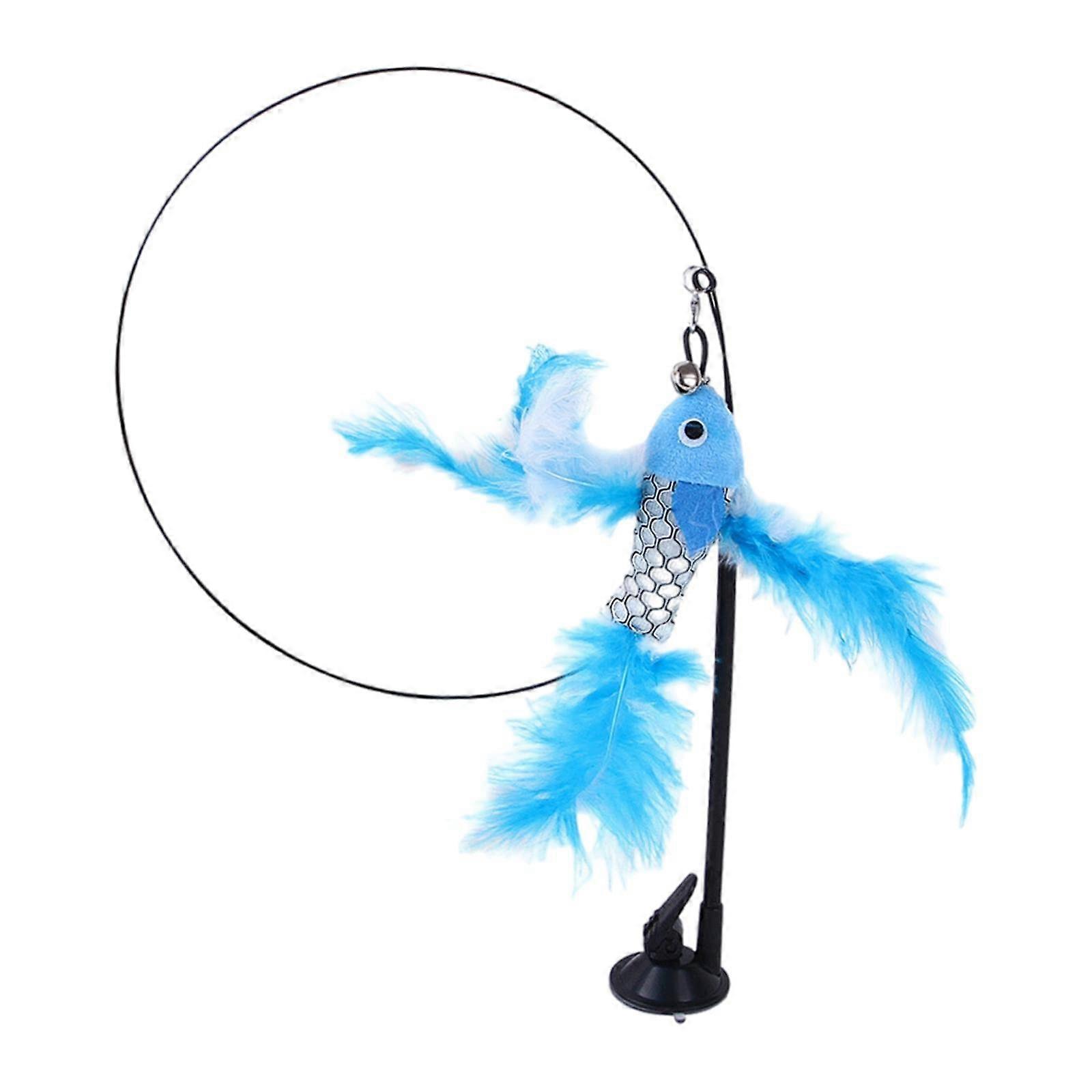 Interactive Cat Toys Teaser Wand With Long Rod Suction Cups Feather Toy Kitten Exercise IQ Training Blue