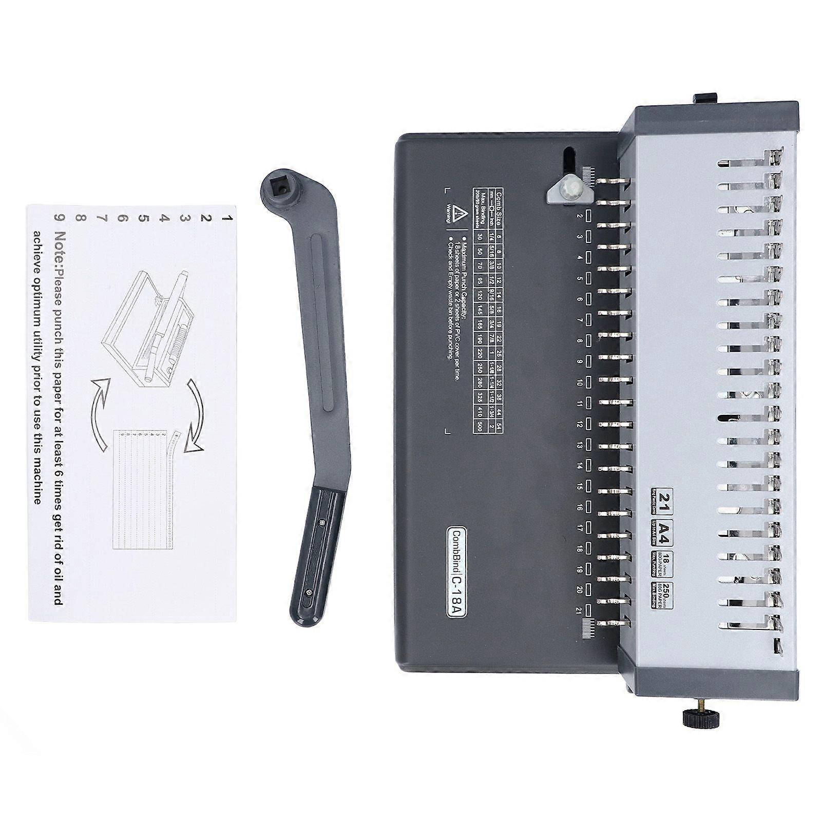 Comb Binding Machine with Handle 21 Holes Book Binder for A4 A5 Letter Size 250 Sheets Bind 18 Sheets 80g Punch Capacity