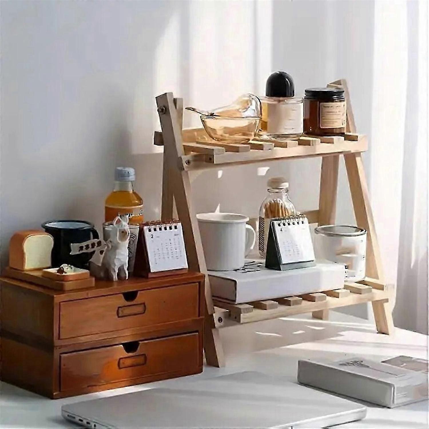 Wooden Storage Rack, 2-Layer Desktop Storage Rack, Ladder-Shaped Desk Display Rack, Desktop Office S