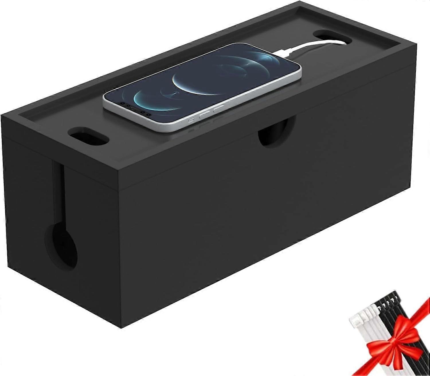 Bamboo Cable Management Box, Large Cord Organizer for Desktop & Office, Hide Wires & Power Strips, No Assembly Required, All Black (1Medium)