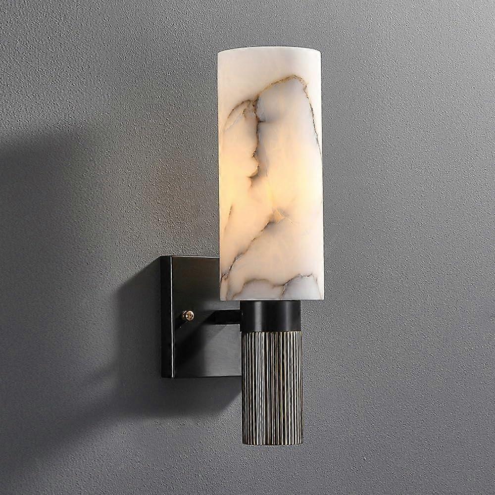 Natural Alabaster Wall Sconce Cylindrical Marble Lampshade Hardwired Wall Mount Black White Pattern Marble