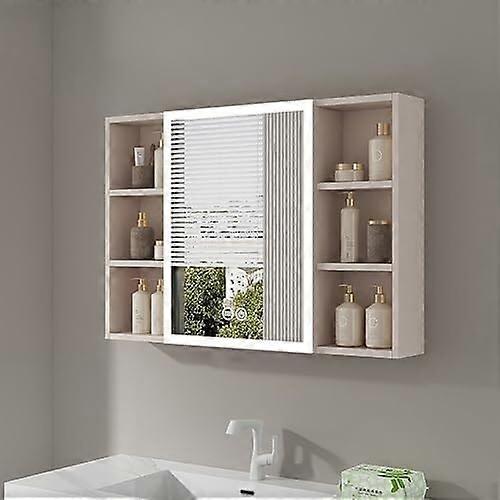 LED Bathroom Mirror Cabinet with AntiFog, Open Shelves and Hidden Makeup Storage, 36in White