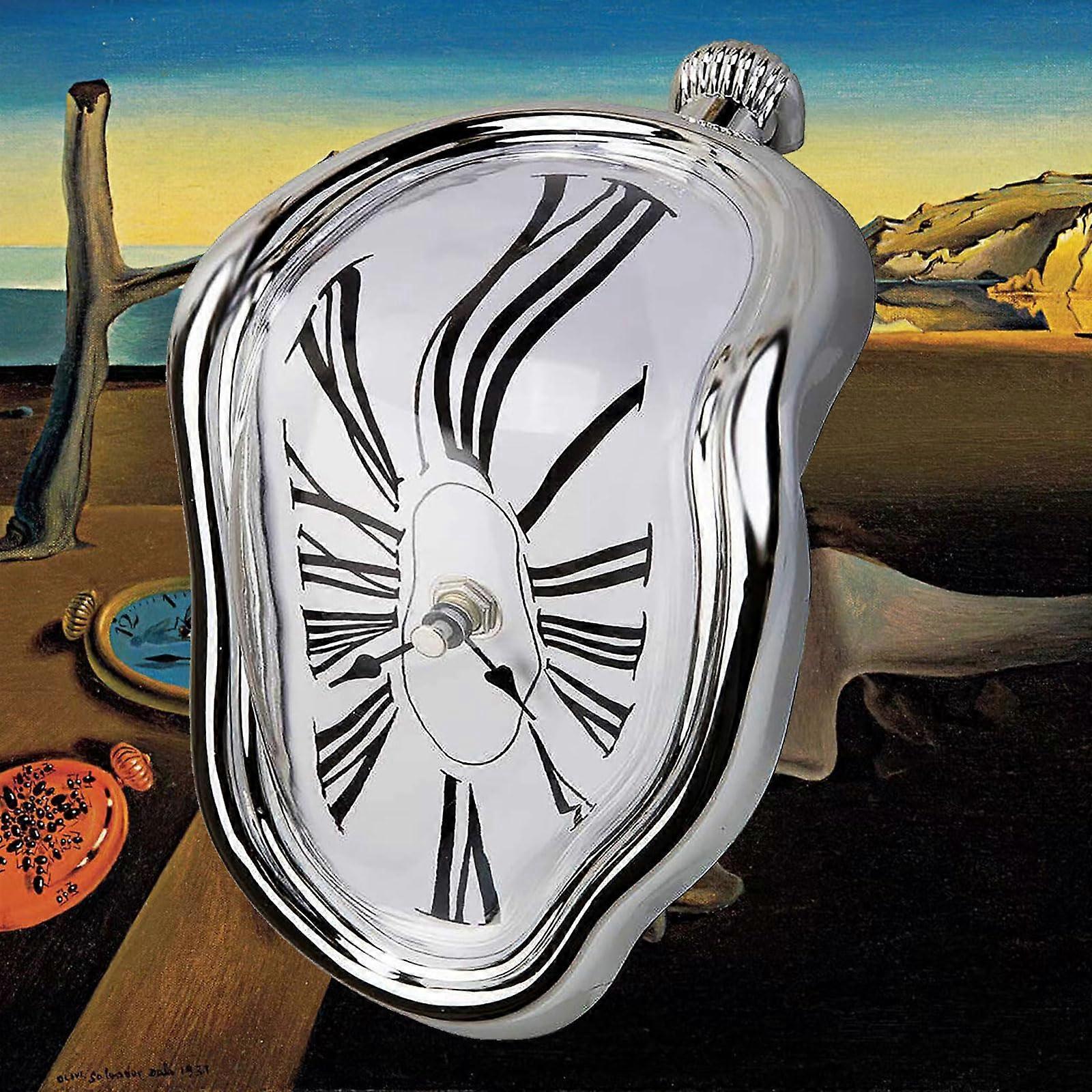 Melting Clock Salvador Dali Inspired Surrealist Art Design for Home Office Desk Shelf Rome Silver