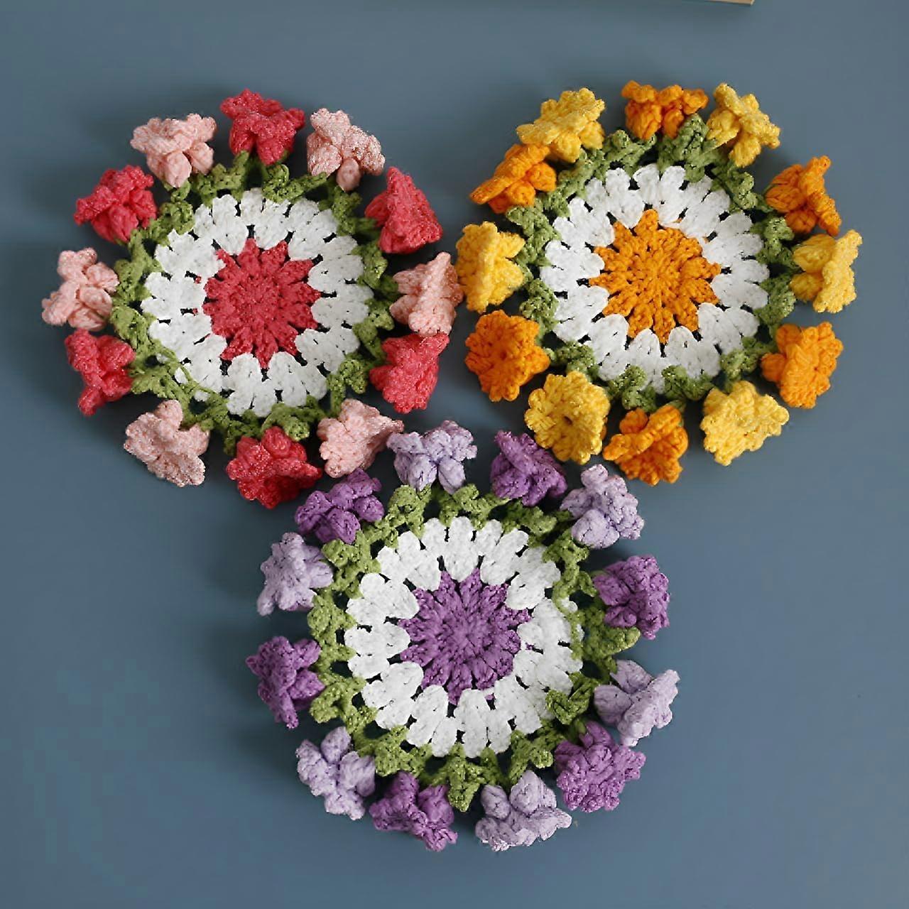Crochet Flower Coasters with Basket, Handmade 3D Rose Design for Decorative Table Use, 3pcsA
