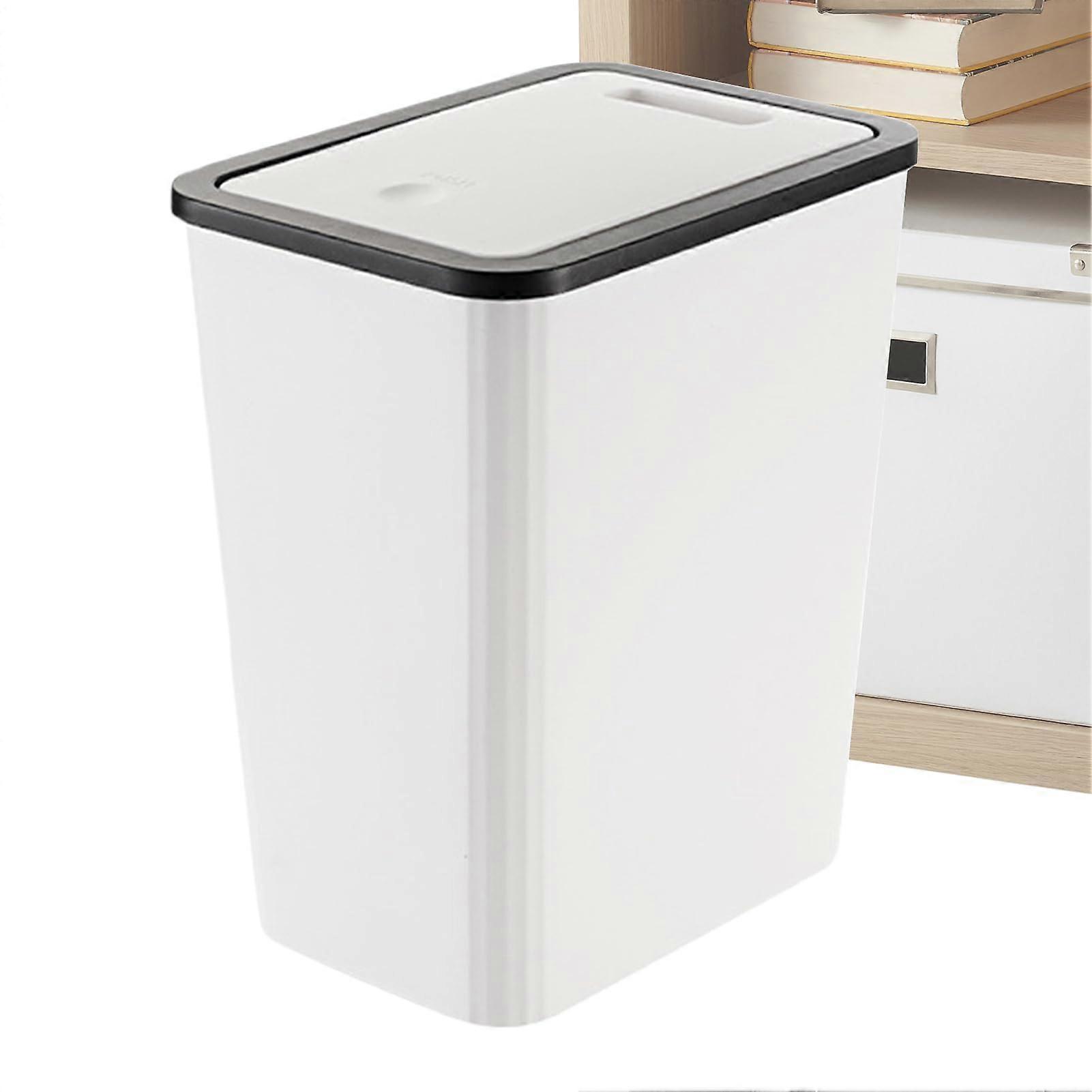 Slim Trash Can with Lid, 13L LeakProof Press , White Garbage Bin for Kitchen Bathroom Spaces