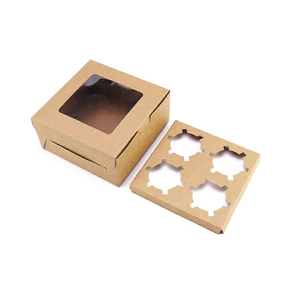 Windowed Cupcake Boxes for Storage Use 4 Cavities Kraft Paper Light Brown