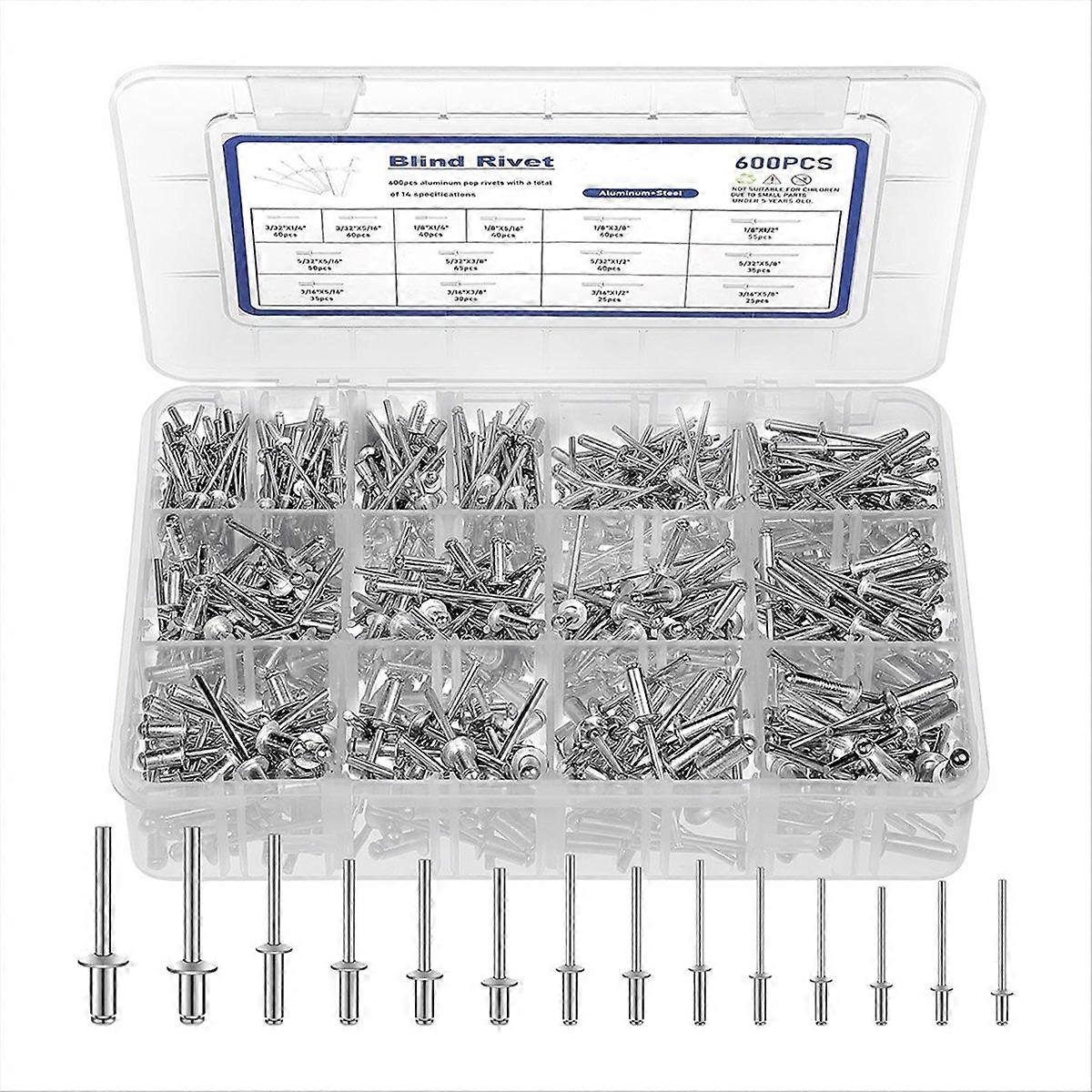 600 Pcs 14 Size Rivets Assortment Kit, Assorted Blind Rivets