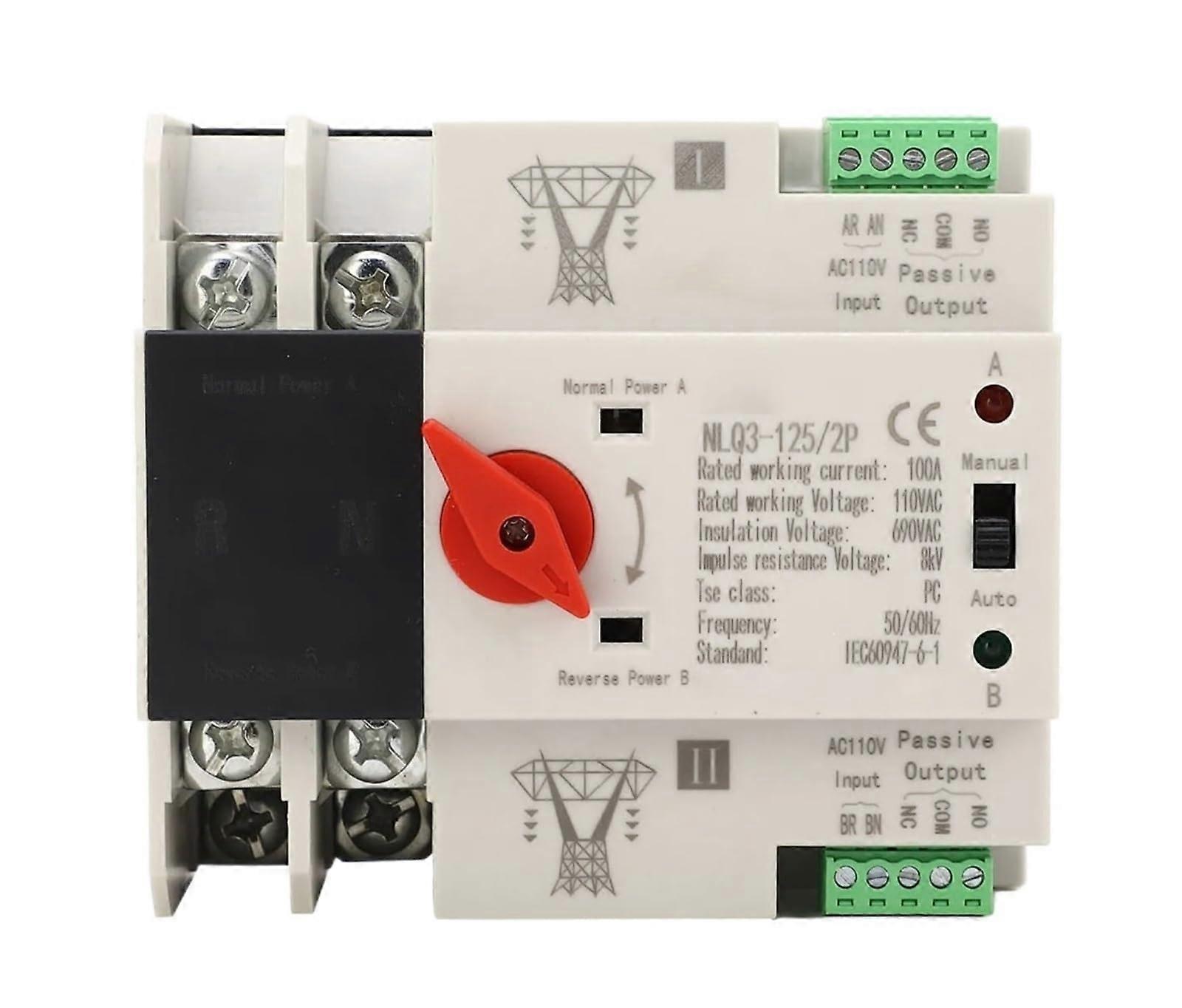 Automatic Transfer Switch 100A 2 Pole for Generator, 110V Quick Rail Mount Changeover