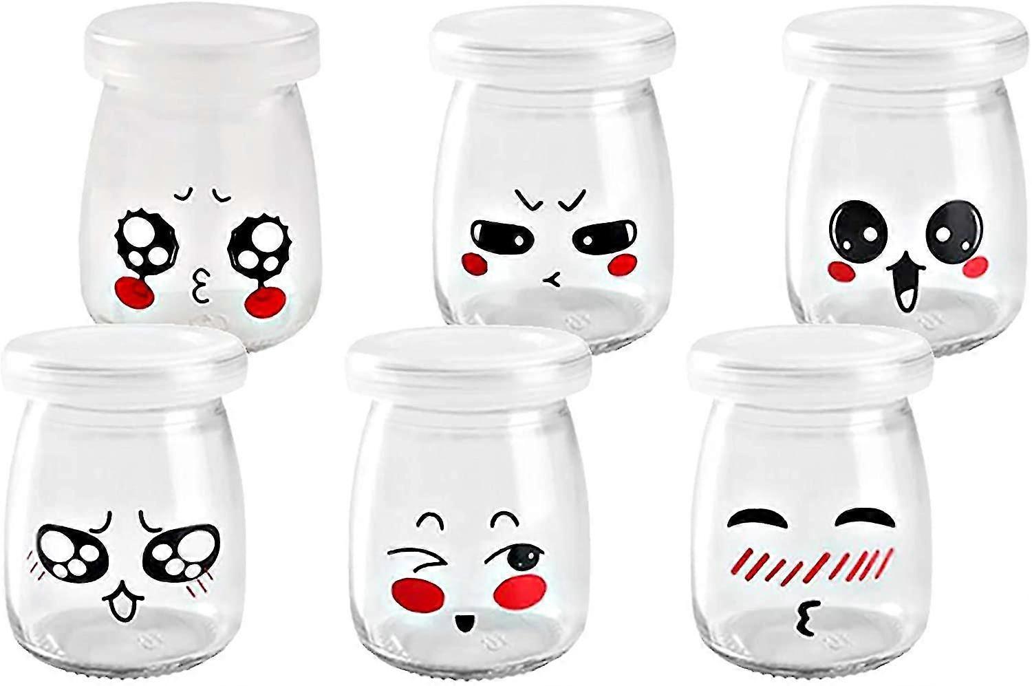 Joghurtgläser 6 Stück Gläser mit Deckel Einmachglas für Pudding Milch Joghurt Herstellung Mini Dessert Tasse mit Plastikdeckel Pudding Glasflasche mit süßen Emoji des