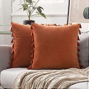 Heytea Pack de 2 velours doux solide décoratif automne housse de coussin avec glands frange Boho Accent coussin cas pour canapé canapé lit 18 x 18 pouces Ora