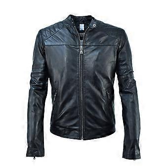 Men's leather jacket Patrick in biker look with stand-up collar and quilting