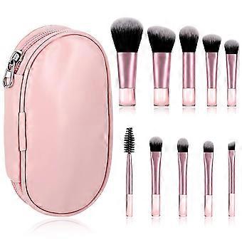 10 Mini Makeup Brush Set, Pink Portable Travel Makeup Brushes | Women's Makeup Brush Set with Storage Bag, Includes Blush, Loose Powder, Eyeshadow, a