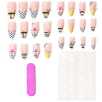 Press On Manicure Set Floral Almond False Nail Art With Flower Star Bead Accents, Reusable ABS 24Pcs Set With 12 Size Options for Daily Styling