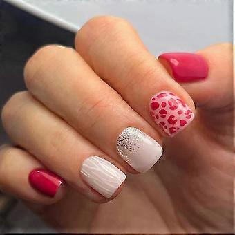 Pink Glitter Short Square Press On Nails, Reusable Acrylic Fake Nails with Glossy Finish, 24pcs