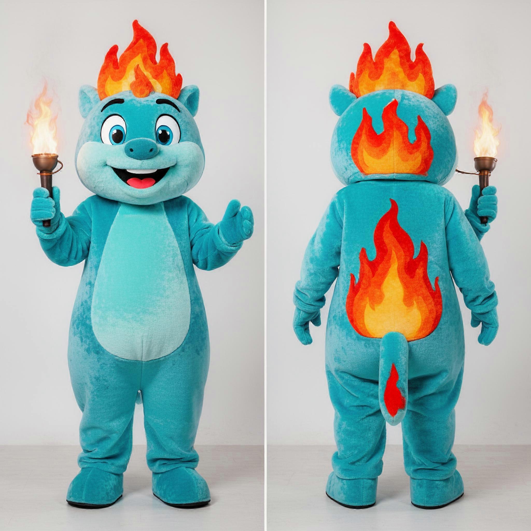 MASTICOT Cyan Cartoon Flame Fire Eater Mascot