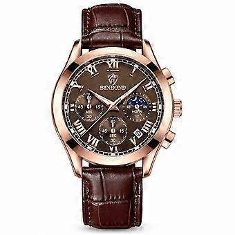 Men's Chronograph Watch BINBOND Brown Leather Strap Rose Gold Coffee Dial 3-Eye 6-Hand Waterproof Luminous Sports JY