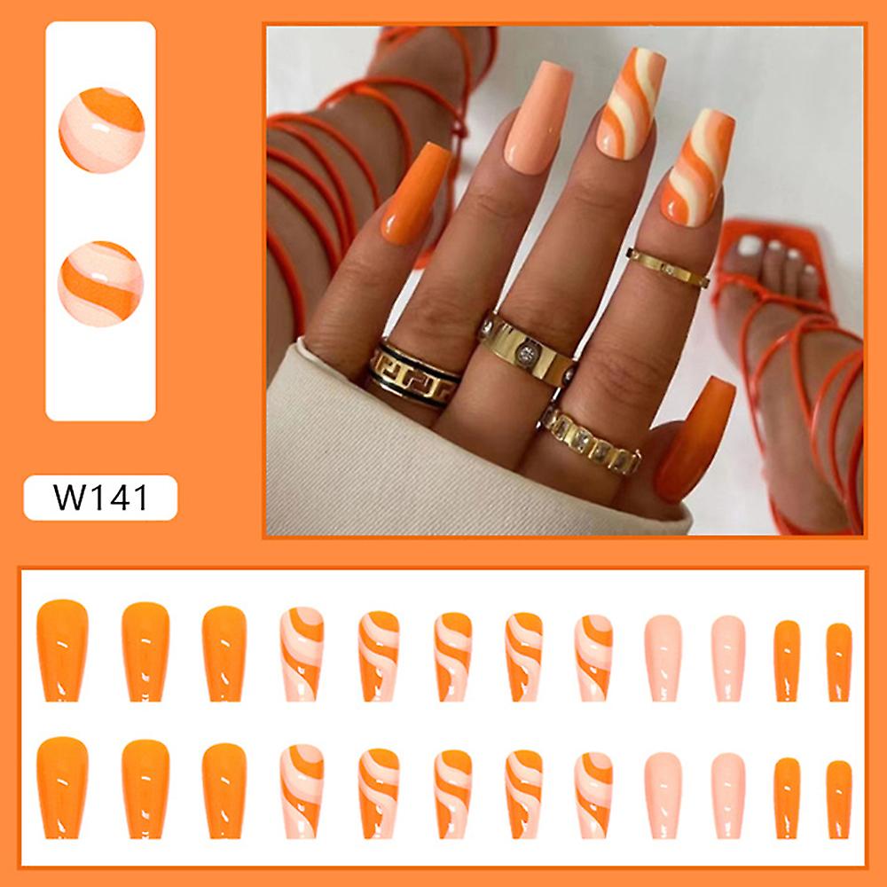 24pcs Orange False Nails Wave Lines Mid-length Ballet Fake Nails