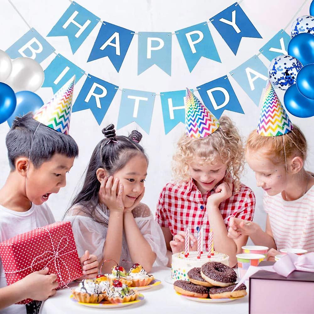 Happy Birthday Banner & Paper Fan Decor Set – Blue Baby Shower Or Birthday Party Wall Decorations (1 Banner + 6 Hanging Fans)