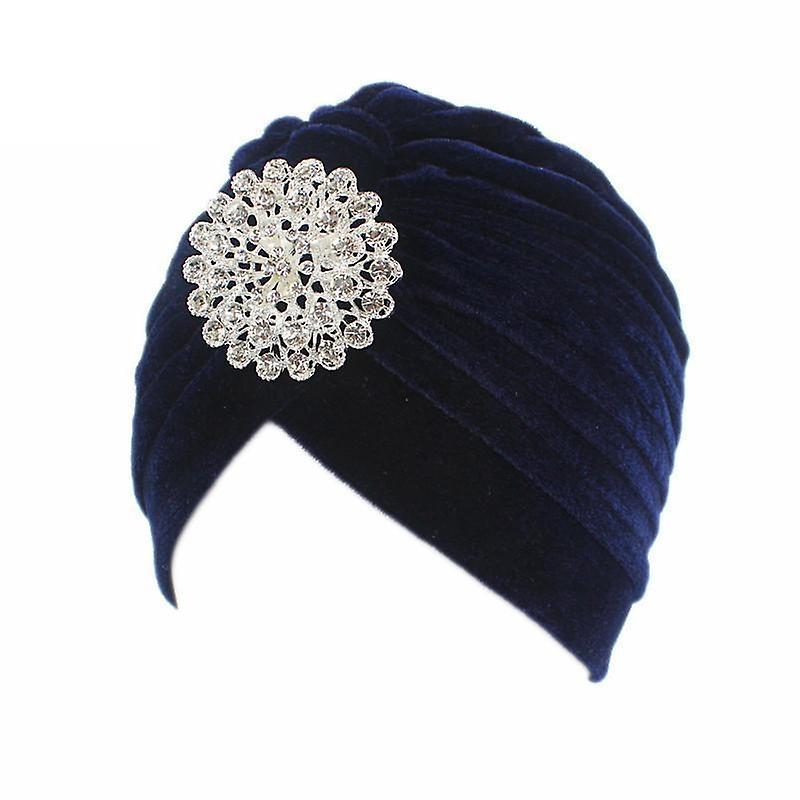 Luxury velvet turban and large brooch diamond rhinestone cap