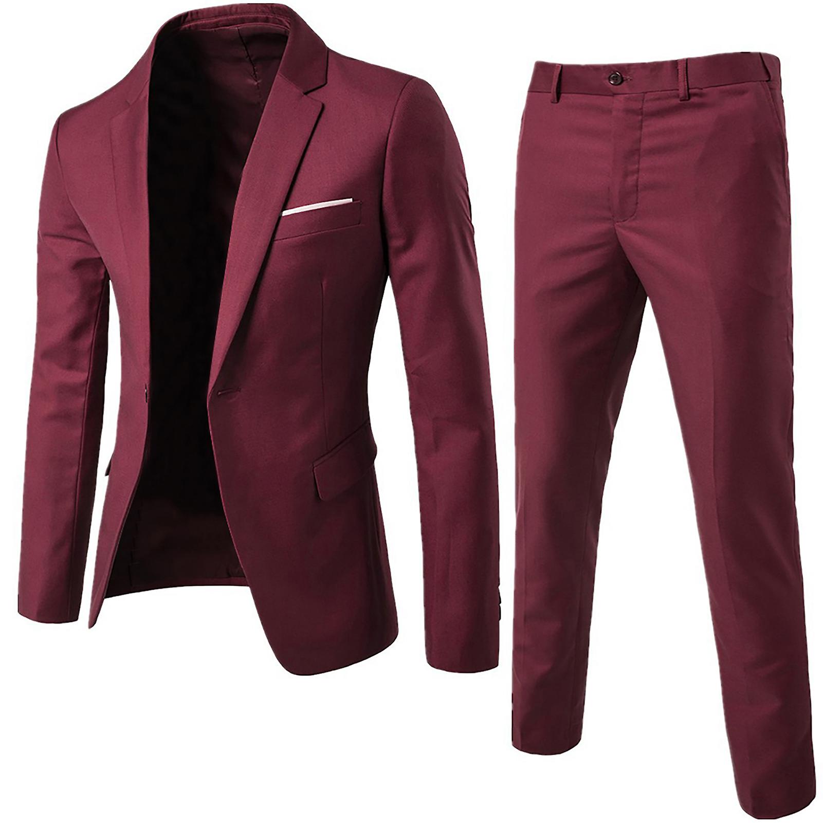 Fianao 2Pcs/Set Plus Size Men Solid Color Long Sleeve Lapel Slim Button Business Suit