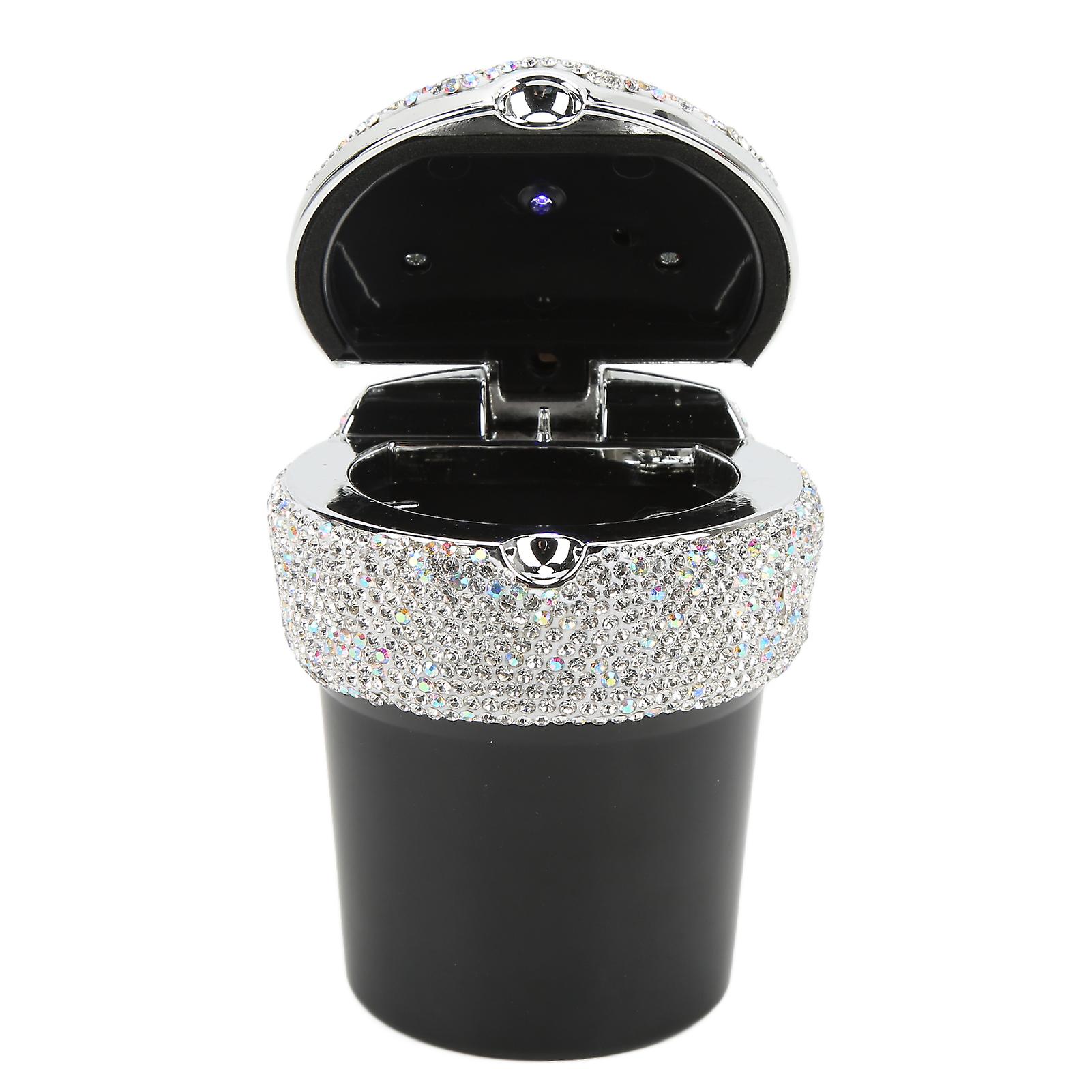 Car Ashtray DiamondStudded Smokeless Container with LED Light Indicator Multifunctional Universal(White )