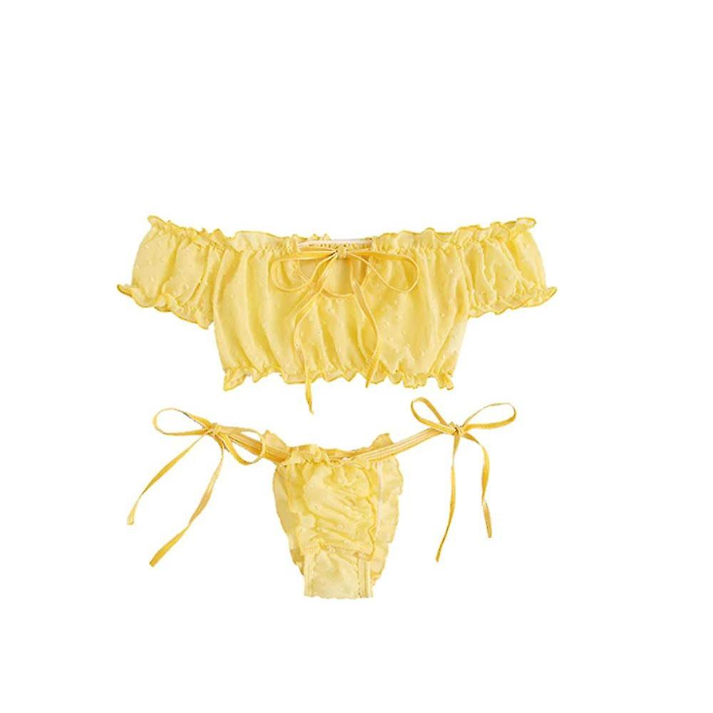 Women's Self Tie Ruffle Trim Dobby Mesh Lingerie Set Sexy Bra and Panty(Yellow, M)