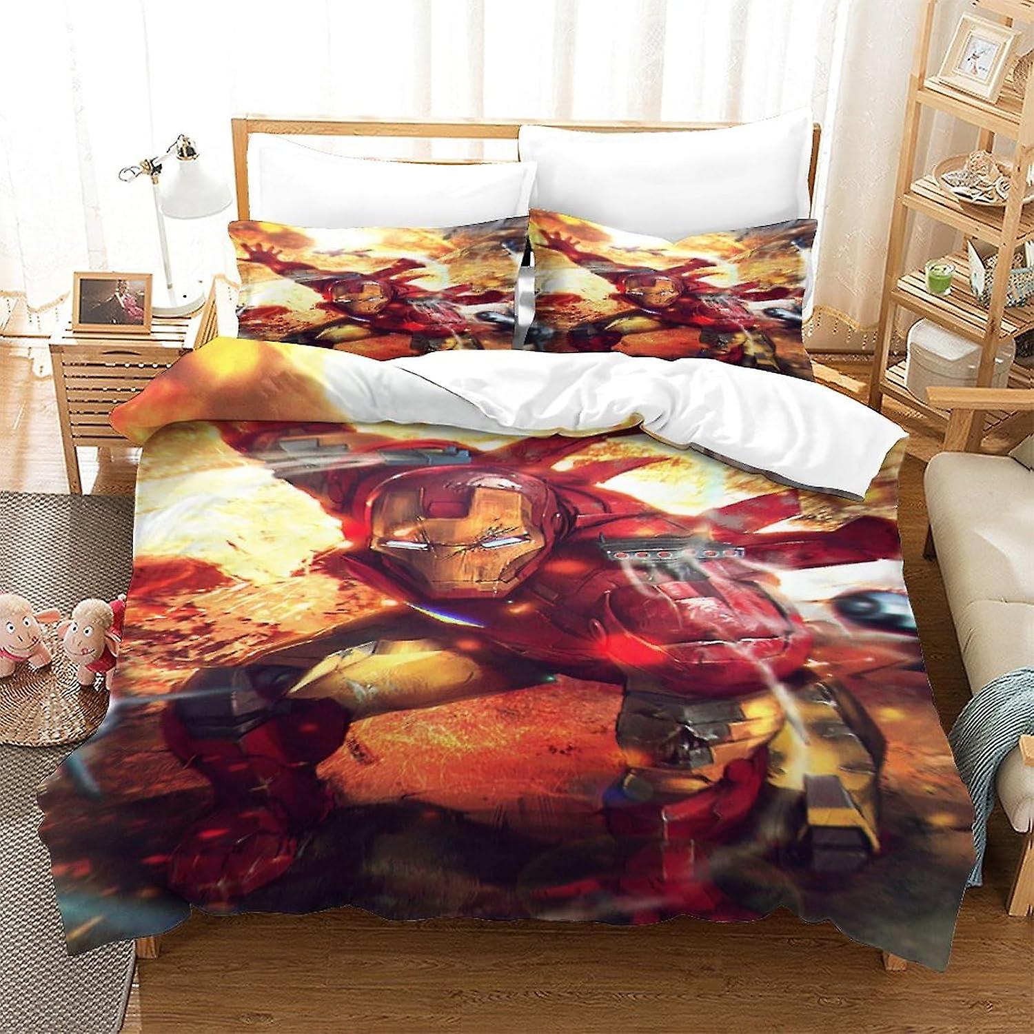 3D Iron Man Effect Quilt Bedding Set,Superhero Printed Duvet Cover Set Soft Microfiber with Pillwocase 3 Pcs for Childrens And Adults Double