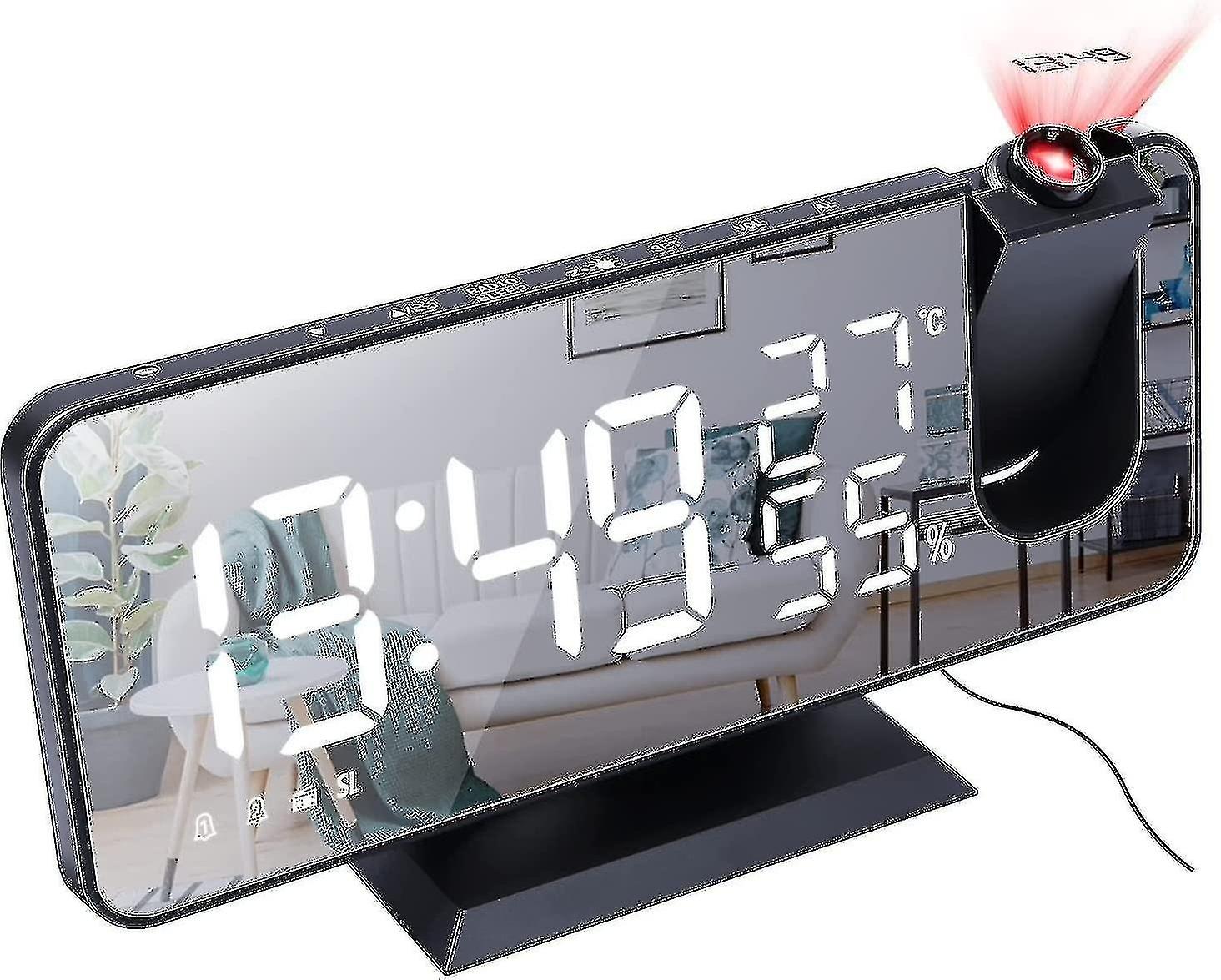 Projection alarm clock with FM radio, LED digital clock with 180 degree projection display, with USB