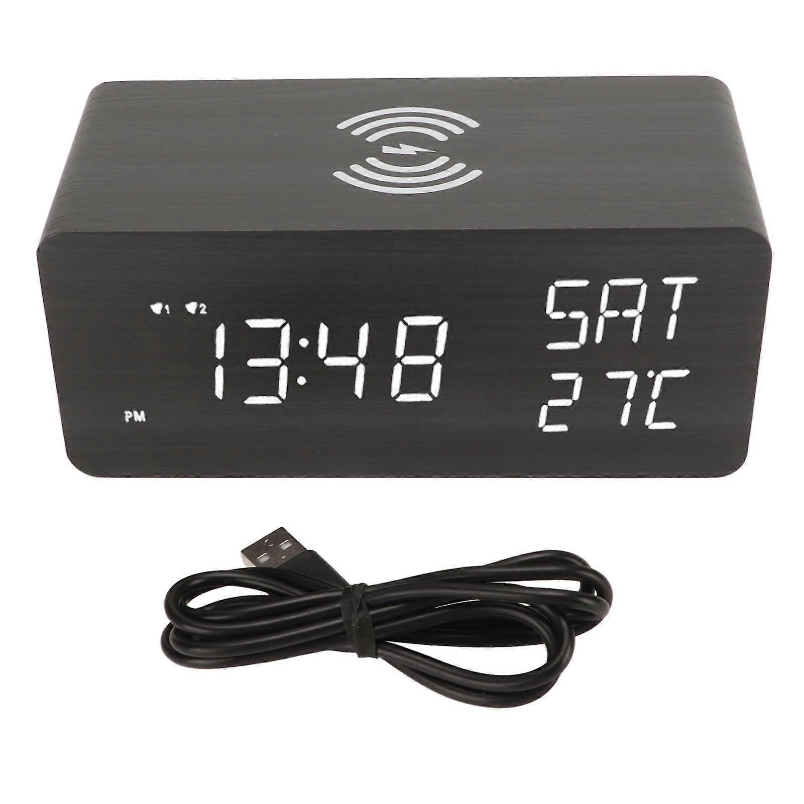 Wooden Digital Alarm Clock With Wireless Charging Black Adjustable Brightness Volume Bedroom Led Clock