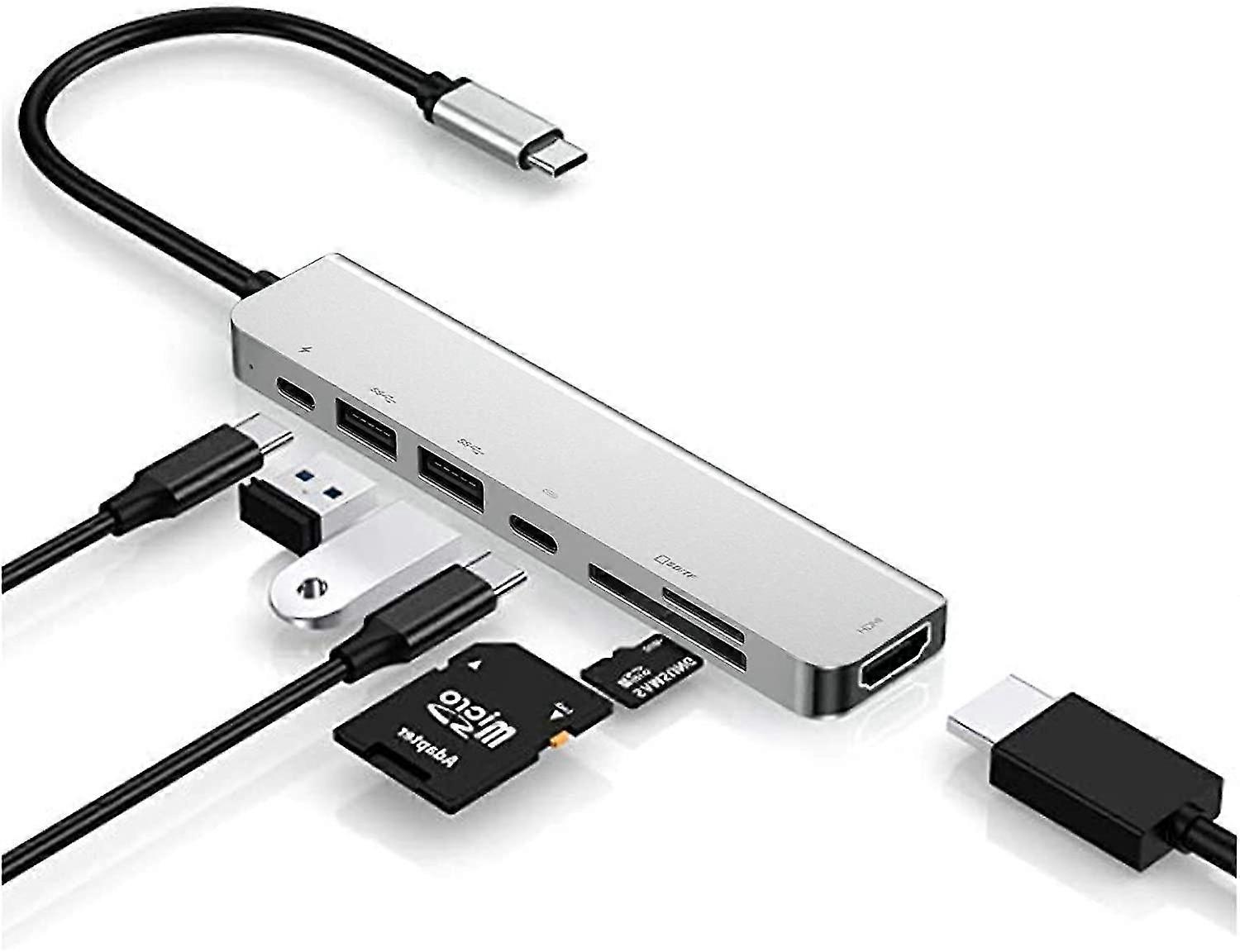 Usb C Hub-dongle, 6 i 1 Usb C til HDMI Multiport Adapter Sd kortleser høy kvalitet