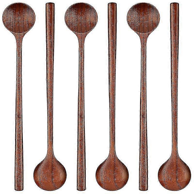 6 Pieces Wooden Long Spoons Long Handle Round Spoons Korean Style Soup Spoons For Soup Cooking Mixi