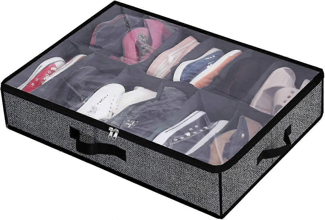Under Bed Shoe Storage Organizer Fits 12 Pairs- Underbed Shoe Container Solution Shoes Box Bins With Clear Window For Sneakers,high Heels,flip Flop(bl