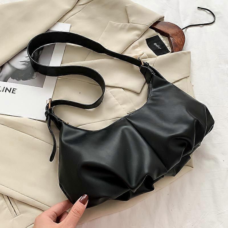Soft Leather Shoulder Bag, Cloud Fold Design, Large Capacity (Black)