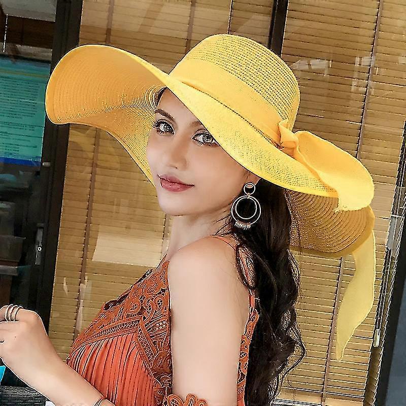 Chapeau pour femmes Plage d’été Big Brim Paille Bord de mer Chapeau de soleil Voyage Femmes Panama Protection solaire Chapeau feutre Upf 50+ Pare-soleil