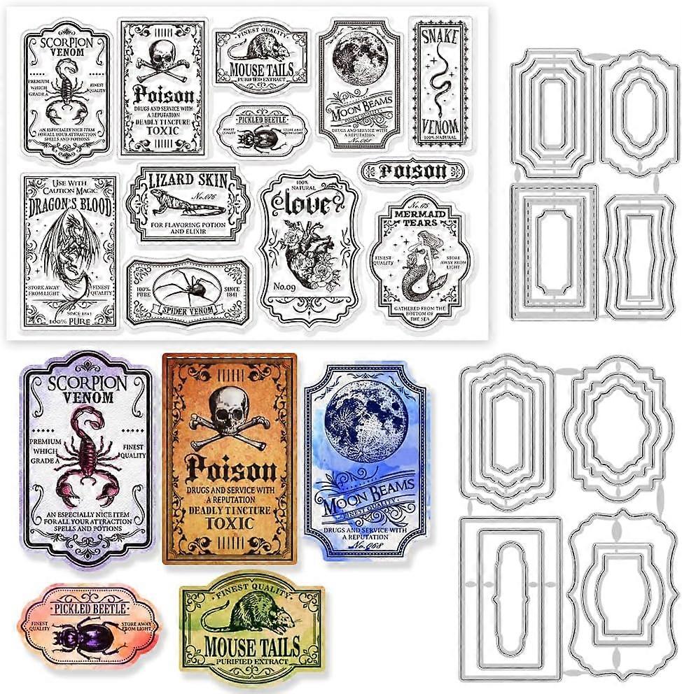 Poison Label Clear Stamps Scorpion Mermaid Spider Frame Cutting Dies Set Silicone Transparent Stamp Metal Die Cuts for Card Making and DIY Embossing S