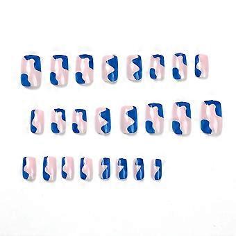 24 Pcs False Nail Blue Graffiti Long Square Nail Easy To Wear  Glue Models
