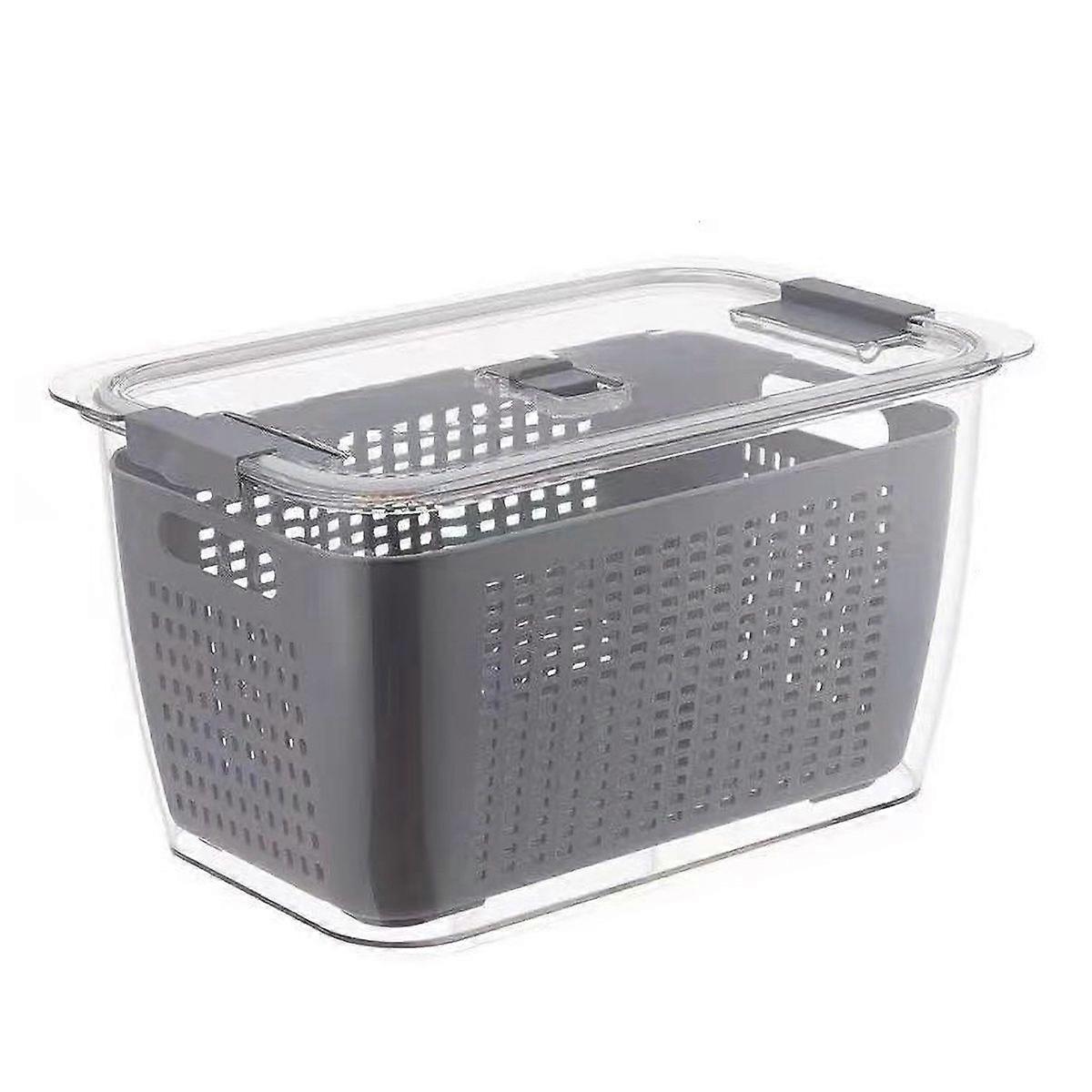 1pcs Draining Basket 2 Layer Kitchen Refrigerator Vegetable Storage Box with Filter Gray M 1.7L