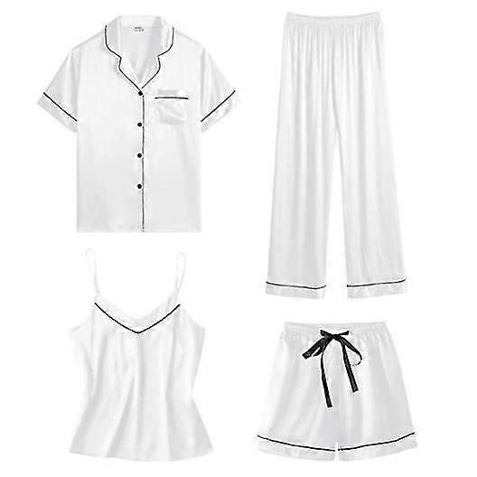 Kvinnor 4st Pyjamas Set, Silke Satin Sovkläder Sexy Cami