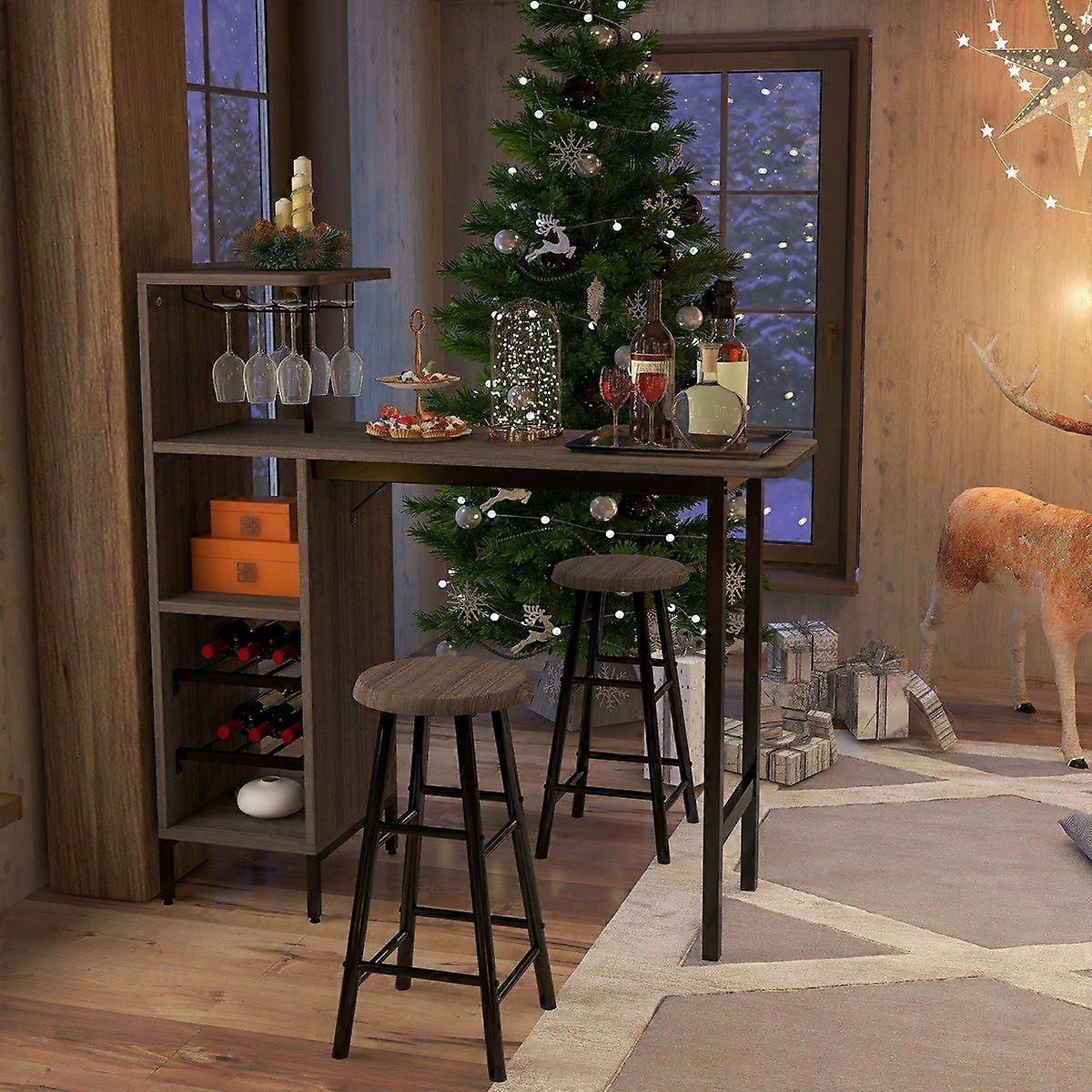 3-Piece Bar Table & Chair Set Dining Table Set in Bench Height Brown