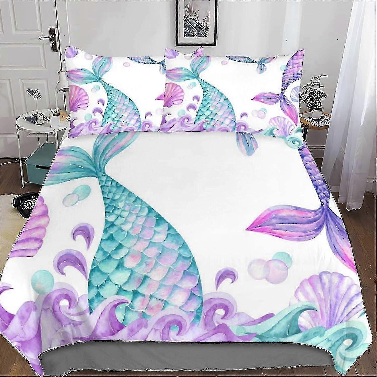 J1297 Lakan Sjöjungfru Påslakan Set Tonåringar Barn Ocean Sealife Fisk Fjäll Sängkläder Mikrofiber Täcke Överdrag för pojkar Flickor Vuxna 3 stycken Qu