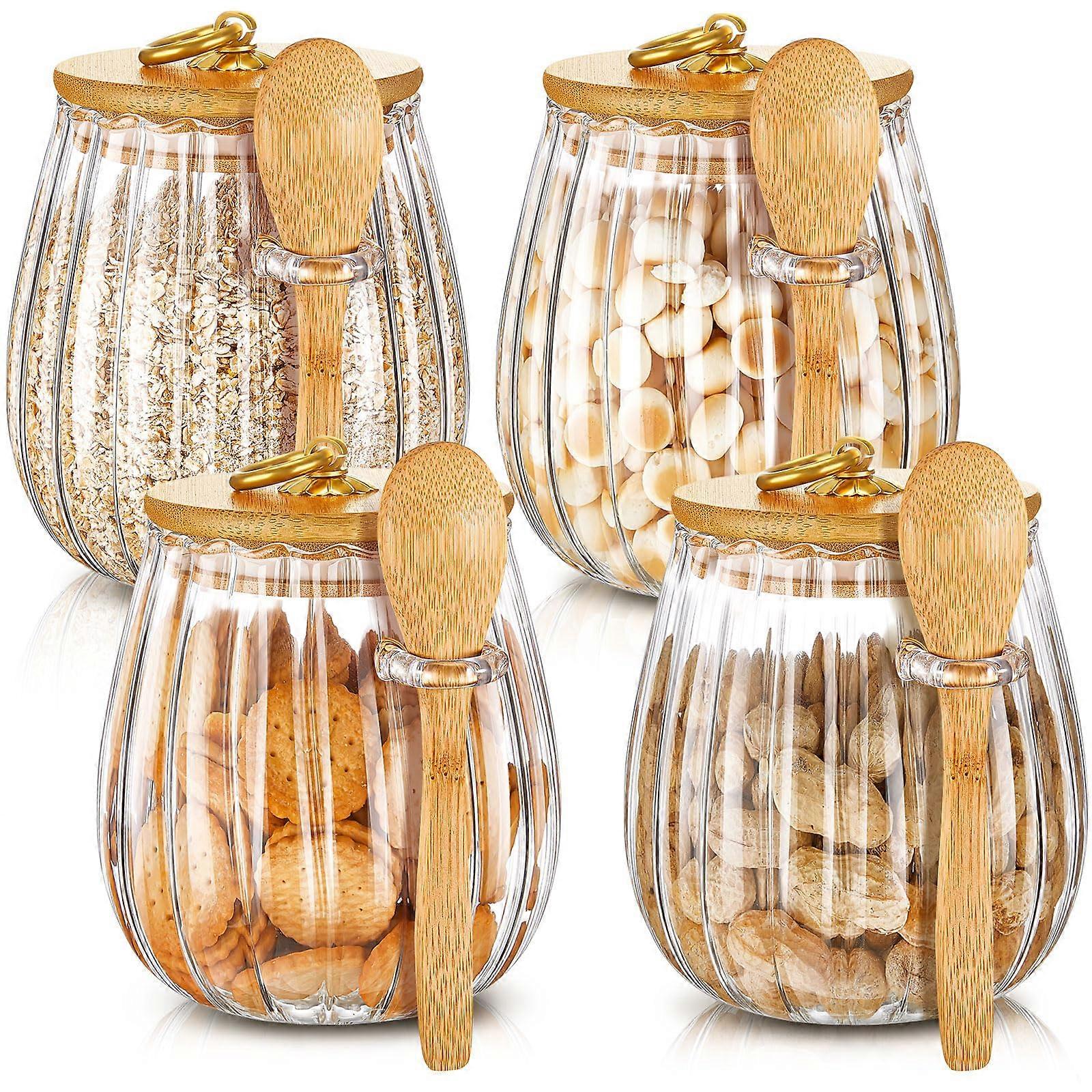 Set of Glass Striped Jars for Overnight Oats Containers, Coffee, Tea, Sugar Storage, 20 Fluid Ounces