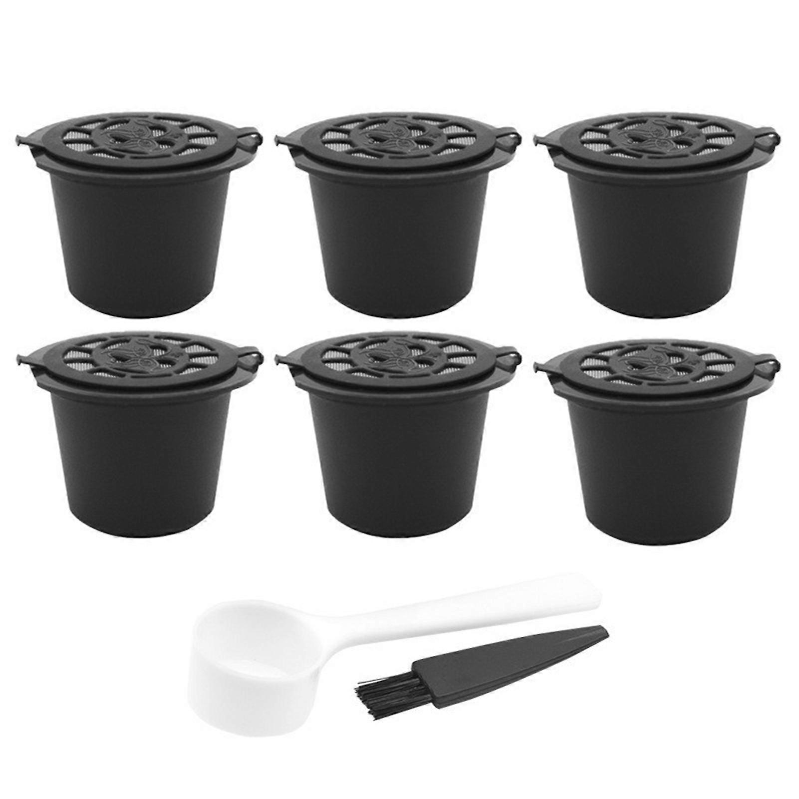6 PCS Reusable Capsules Cup Recyclable Coffee Capsule Refilling Filter Set with Spoon Brush Black