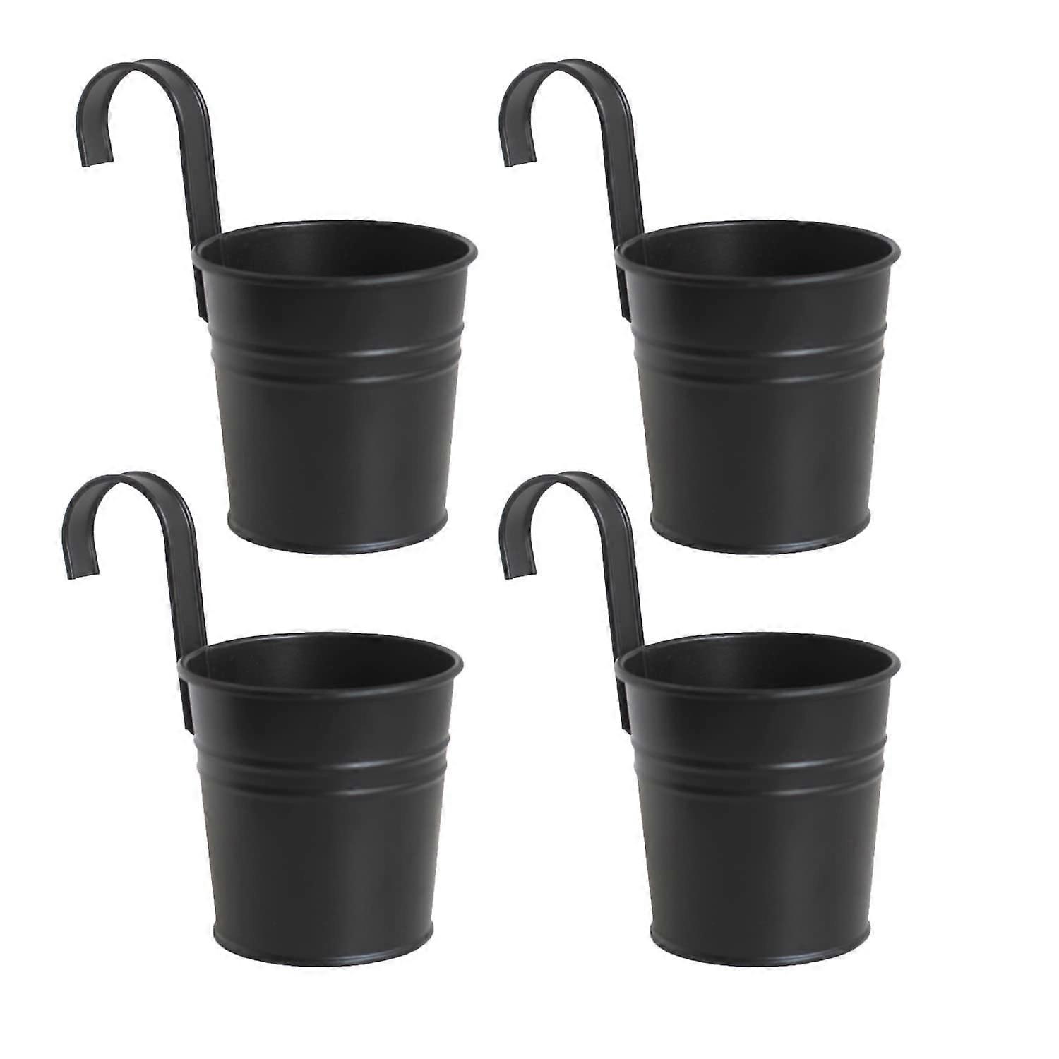 Hanging Flower Pot with Drainage Hole, Metal Pot with Removable Hooks (Black)