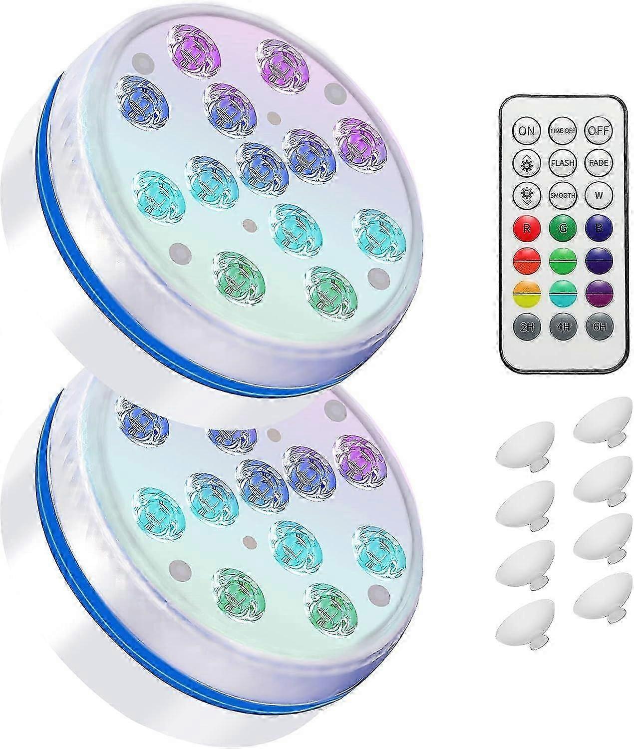 Submersible LED Pool Light - IP68 Waterproof Swimming Pool Light with Remote Control Magnets Suction Cups 16 RGB Colors (2 Pieces)