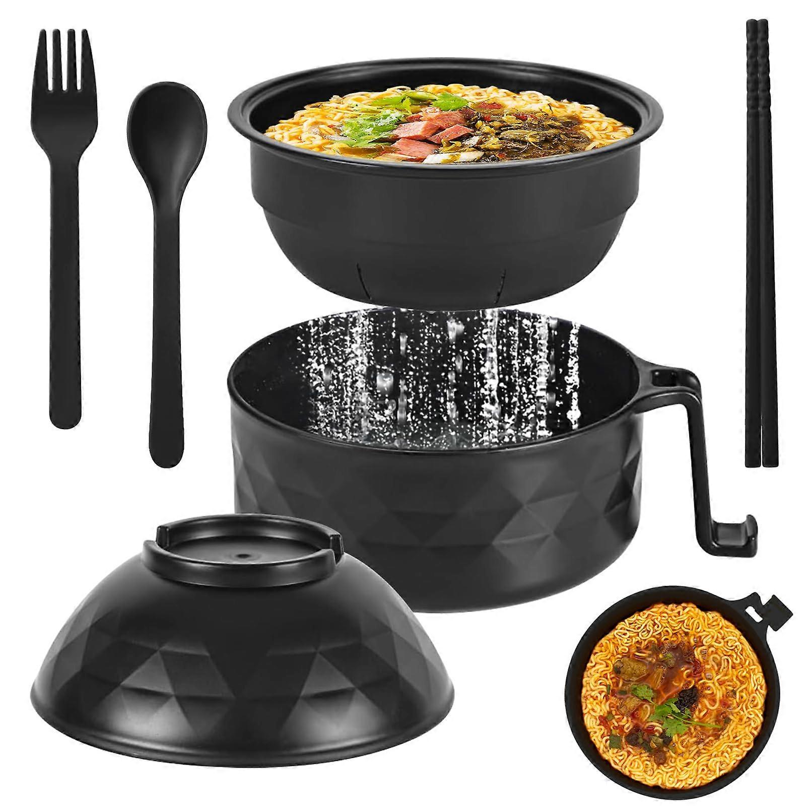 Microwave Ramen Bowl Set with Lid and Spoon, Portable Instant Noodle Cooker with Handles for Soup and Pasta