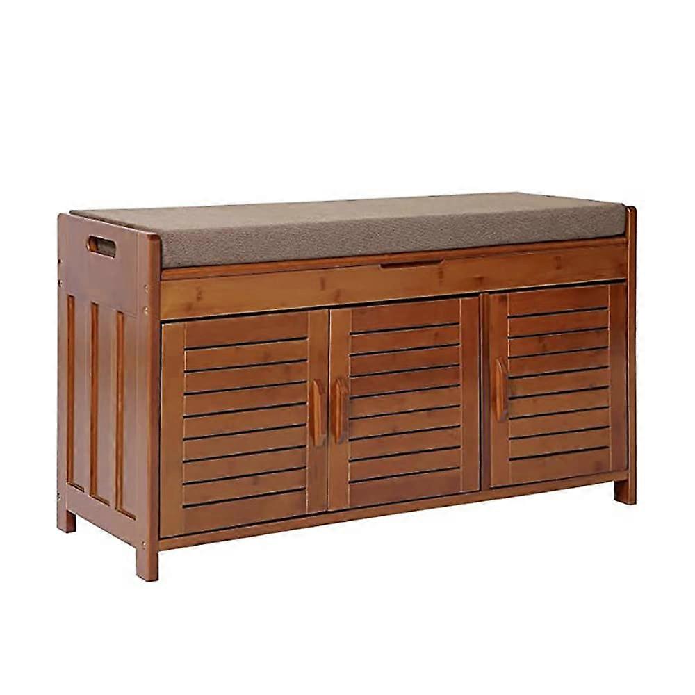 Solid wood shoe bench with padded seat and 3door cabinet for the entrance area with hidden compartment, 90 x 32.5 x 50 cm.